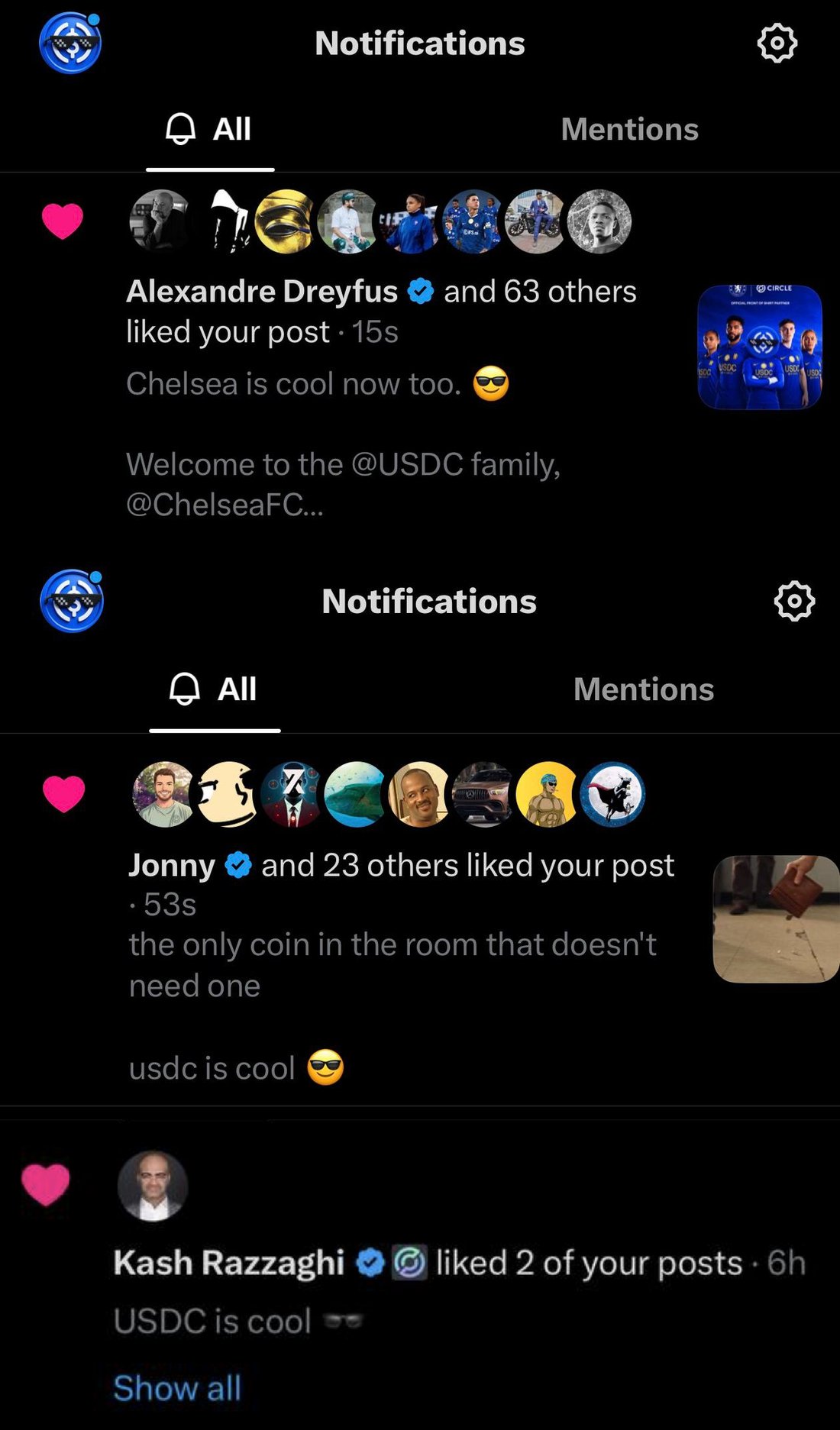 More X notifications showing likes on $COOL posts