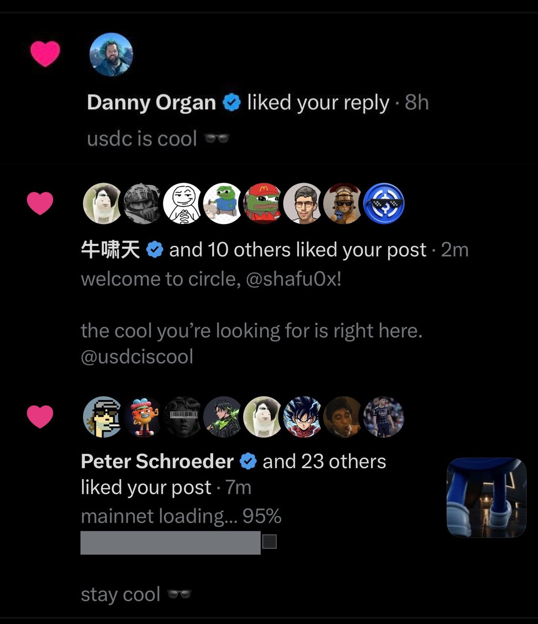 X notifications showing people from Circle liking $COOL posts